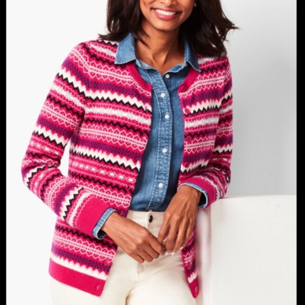 Talbots Wool Blend Fair Isle Button Cardigan Stripe Barbiecore Pink Ski Nordic-M